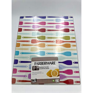 Farberware Glass Colorful Spatulas Design Cutting Board NEW